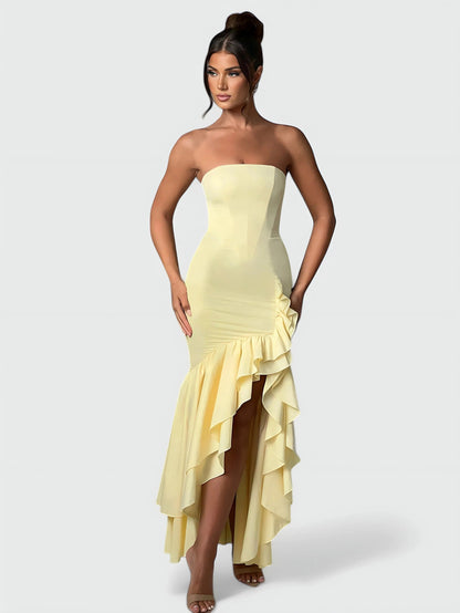Watercolor Floral Strapless Ruffle Maxi Dress