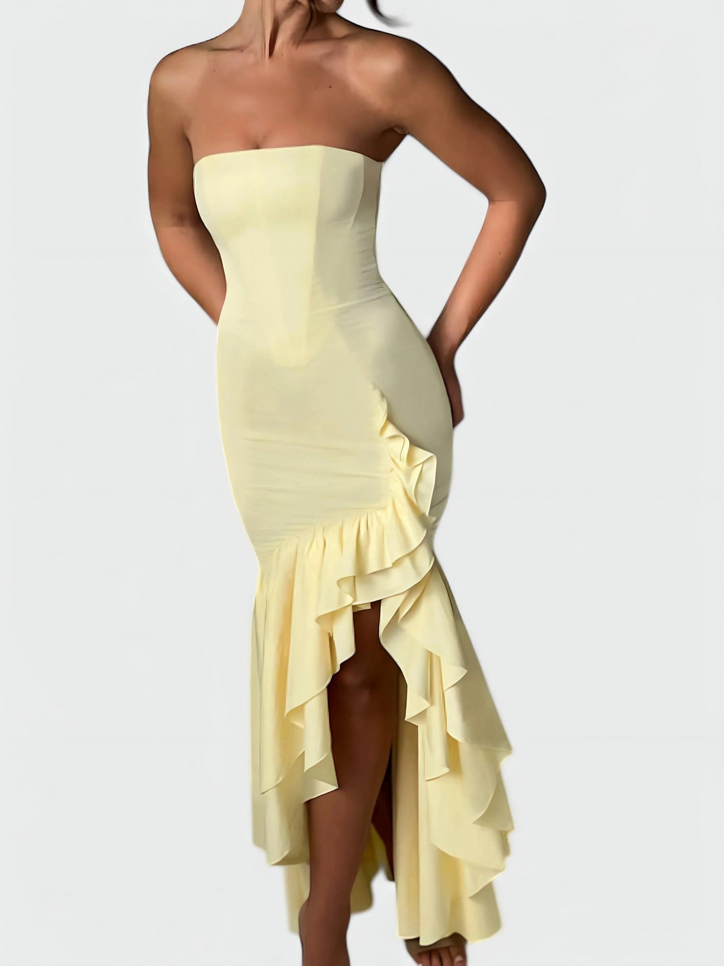 Watercolor Floral Strapless Ruffle Maxi Dress