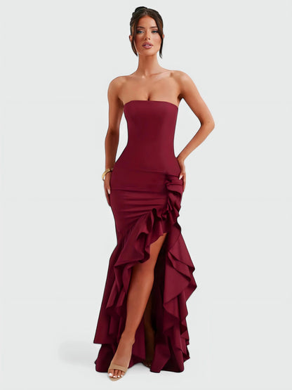 Watercolor Floral Strapless Ruffle Maxi Dress