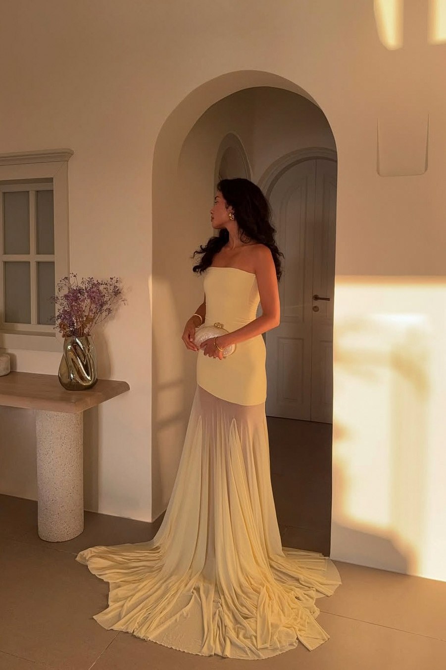Strapless Sheer Draped Maxi Dress