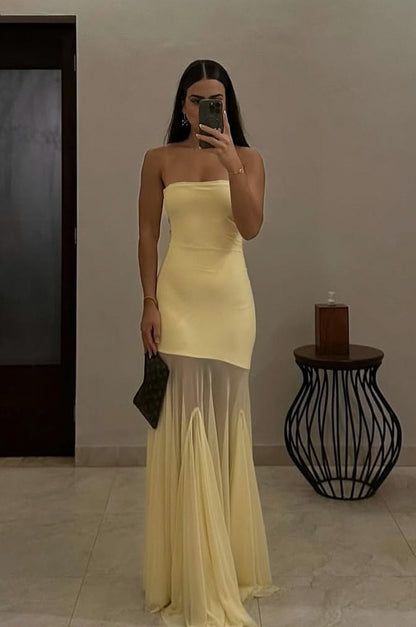 Strapless Sheer Draped Maxi Dress