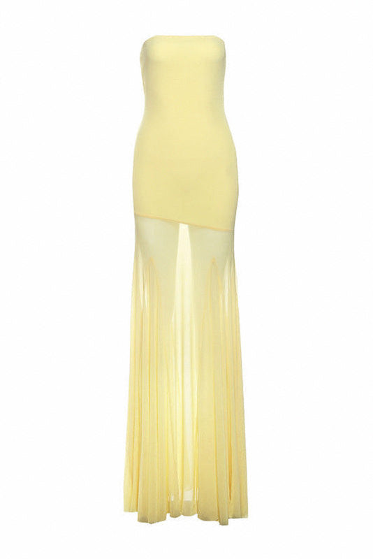 Strapless Sheer Draped Maxi Dress