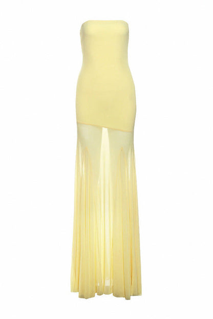 Strapless Sheer Draped Maxi Dress