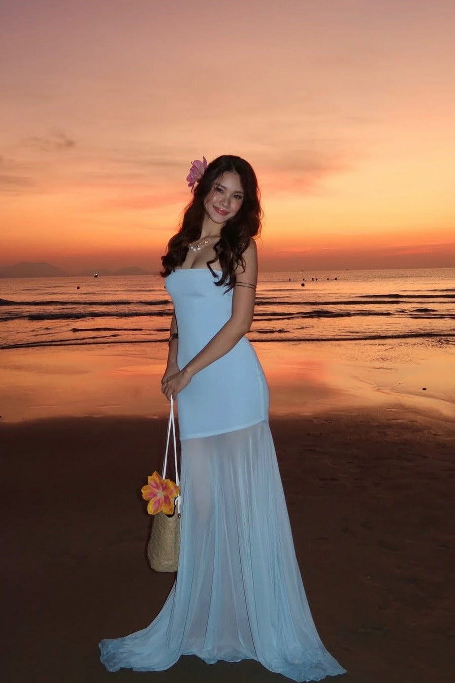 Strapless Sheer Draped Maxi Dress