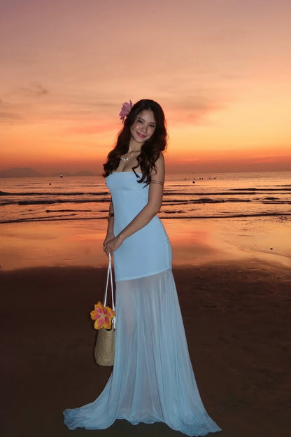 Strapless Sheer Draped Maxi Dress