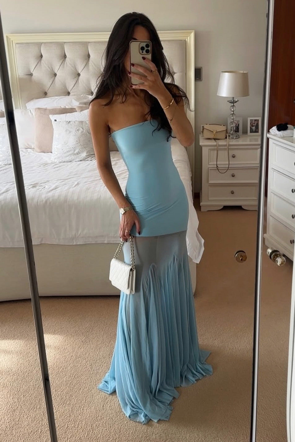 Strapless Sheer Draped Maxi Dress