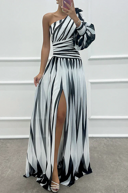 Striped One Shoulder Puff Sleeve Maxi Dress