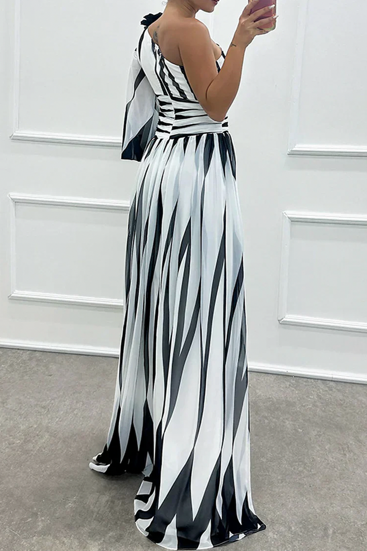 Striped One Shoulder Puff Sleeve Maxi Dress