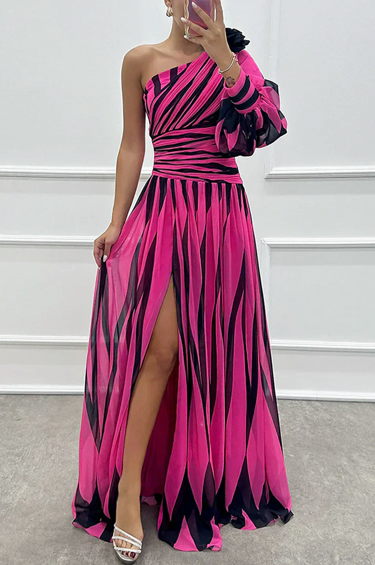 Striped One Shoulder Puff Sleeve Maxi Dress
