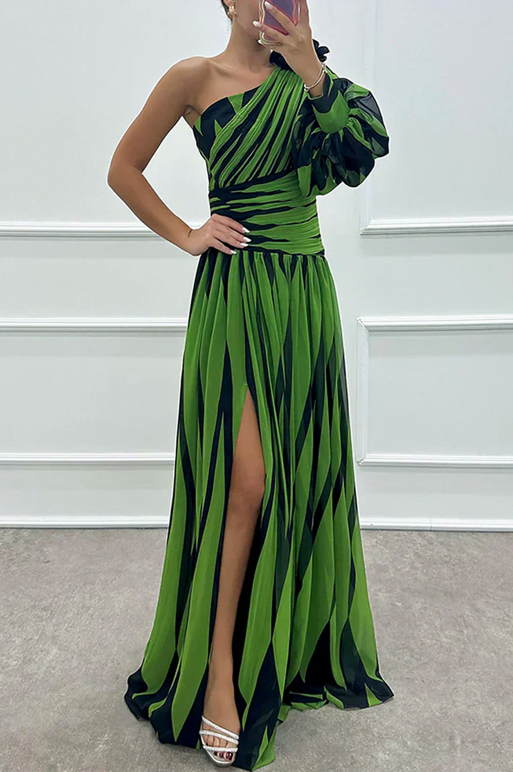Striped One Shoulder Puff Sleeve Maxi Dress