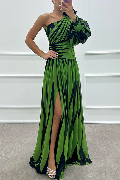 Striped One Shoulder Puff Sleeve Maxi Dress