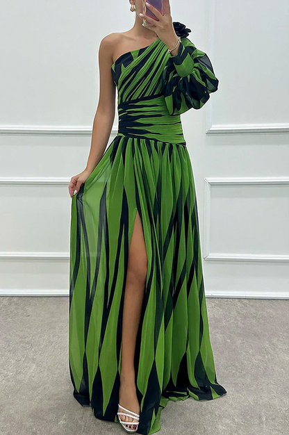 Striped One Shoulder Puff Sleeve Maxi Dress