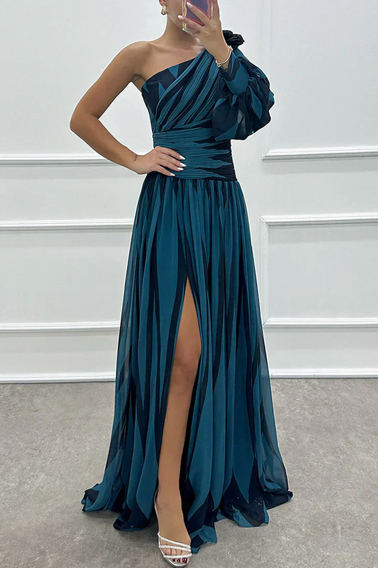 Striped One Shoulder Puff Sleeve Maxi Dress
