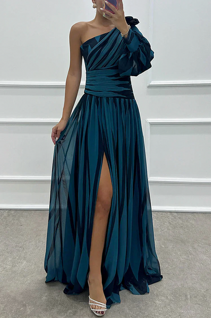 Striped One Shoulder Puff Sleeve Maxi Dress