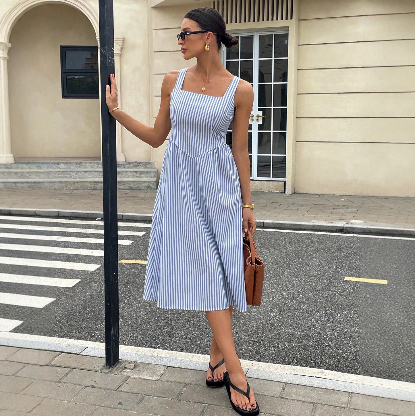 Striped Square Neck Midi Dress