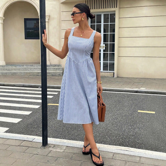 Striped Square Neck Midi Dress