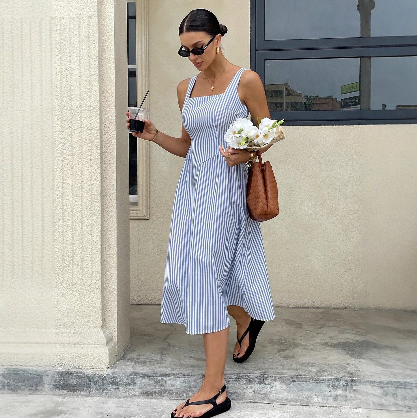 Striped Square Neck Midi Dress