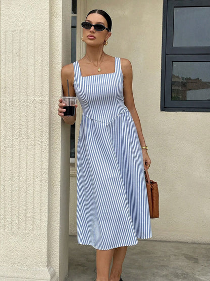 Striped Square Neck Midi Dress