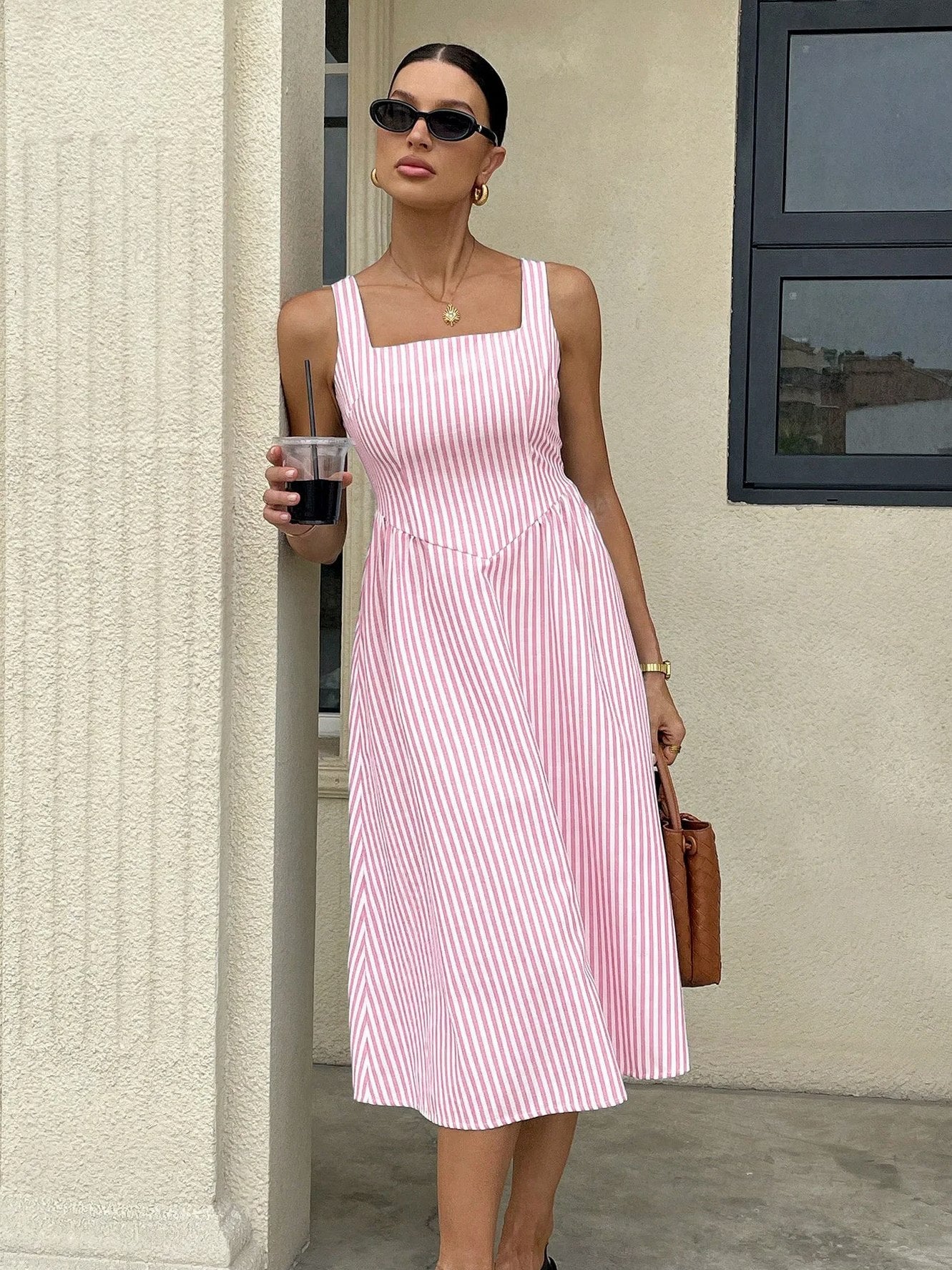 Striped Square Neck Midi Dress