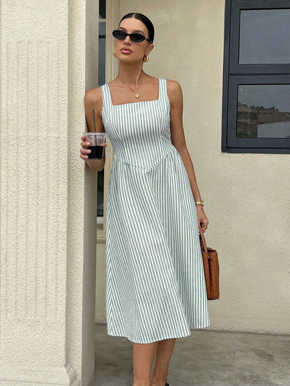Striped Square Neck Midi Dress