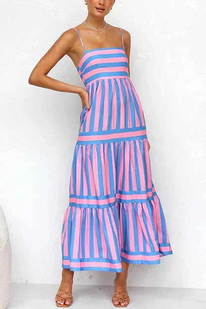 Blue - Women's striped midi dress featuring a square neckline, thin straps, side pockets, and a tiered skirt with contrasting horizontal and vertical stripe placement.