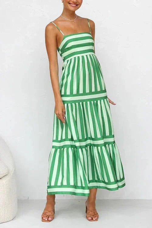 Green - Women's striped midi dress featuring a square neckline, thin straps, side pockets, and a tiered skirt with contrasting horizontal and vertical stripe placement.