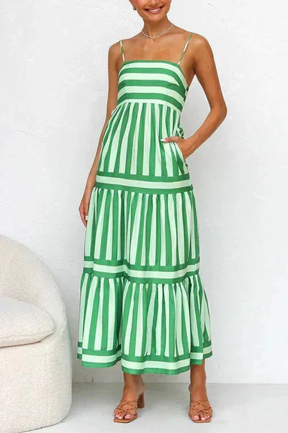 Green - Women's striped midi dress featuring a square neckline, thin straps, side pockets, and a tiered skirt with contrasting horizontal and vertical stripe placement.