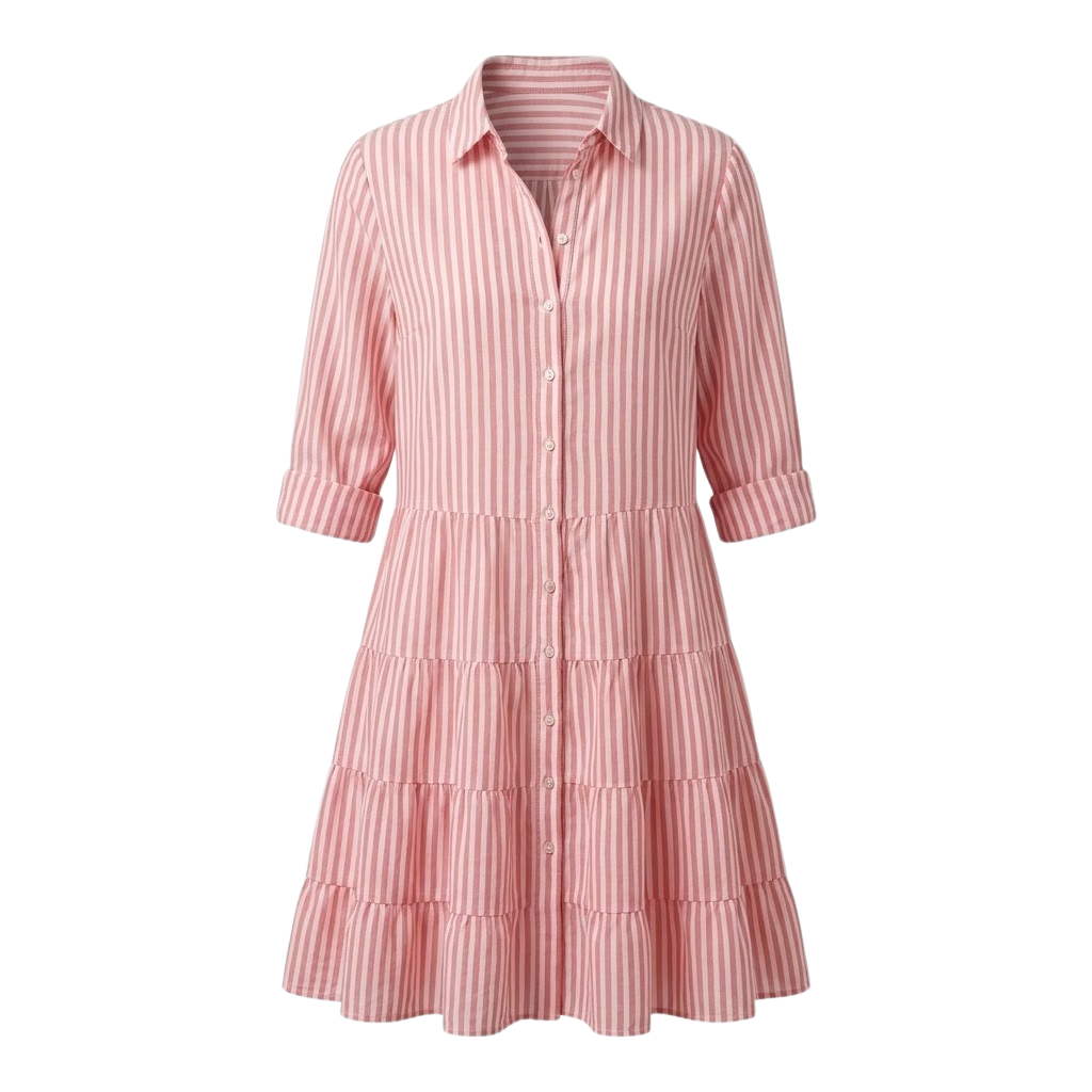 Green - A woman wearing a yellow and white vertical striped shirt dress with a collared neckline, button-down front, three-quarter sleeves, and a tiered skirt, standing on a sunlit cobblestone street.