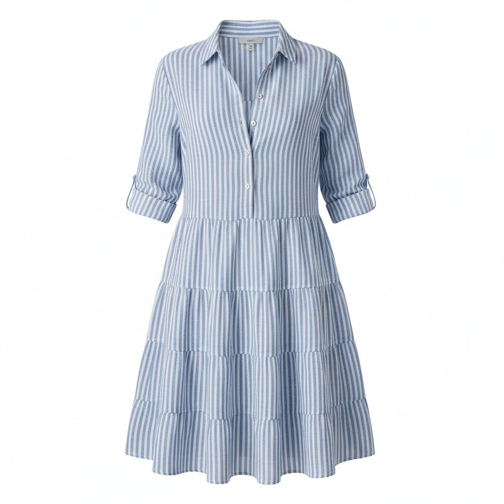 Green - A woman wearing a yellow and white vertical striped shirt dress with a collared neckline, button-down front, three-quarter sleeves, and a tiered skirt, standing on a sunlit cobblestone street.