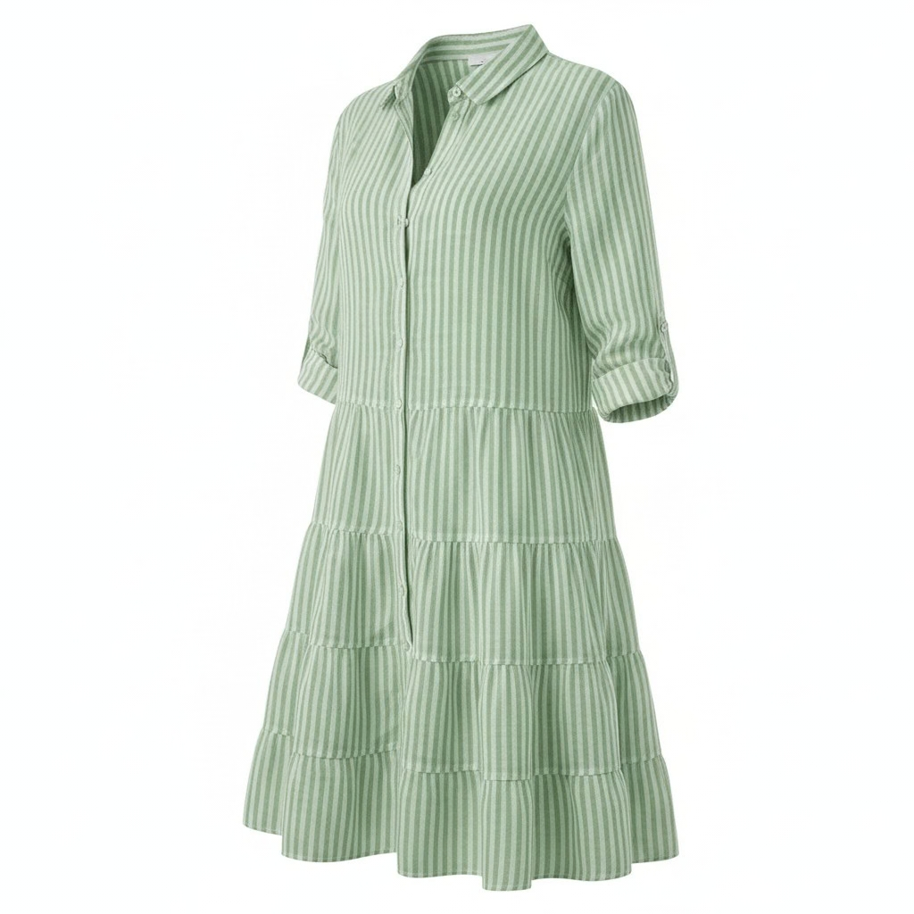 Green - A woman wearing a yellow and white vertical striped shirt dress with a collared neckline, button-down front, three-quarter sleeves, and a tiered skirt, standing on a sunlit cobblestone street.