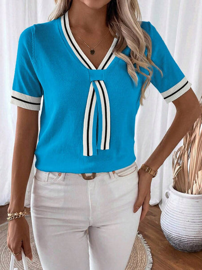 Striped V Neck Knit Top