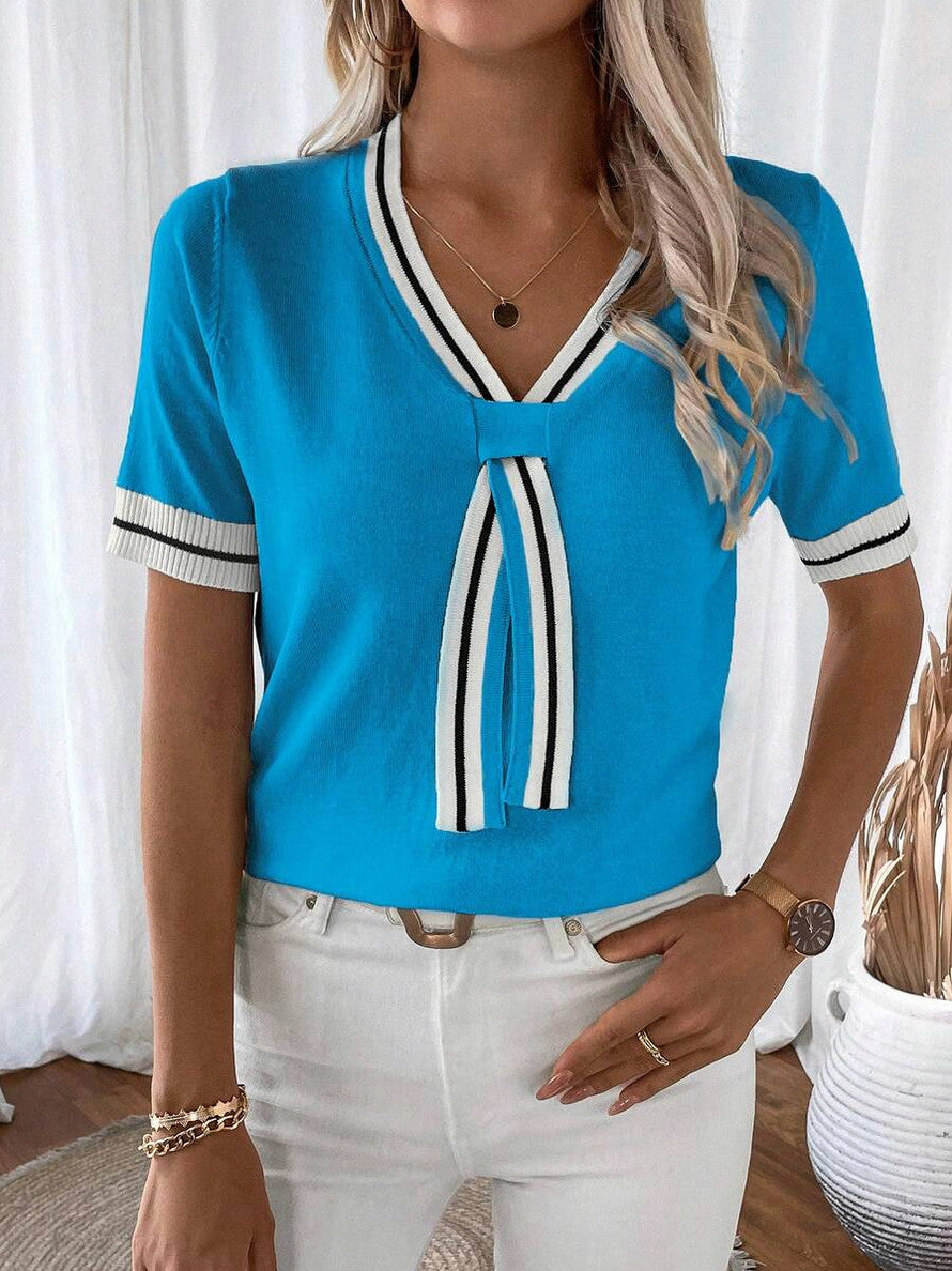 Striped V Neck Knit Top