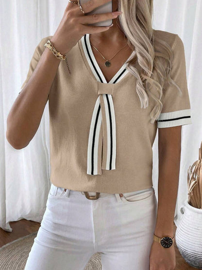 Striped V Neck Knit Top