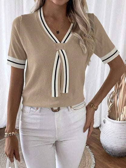 Striped V Neck Knit Top