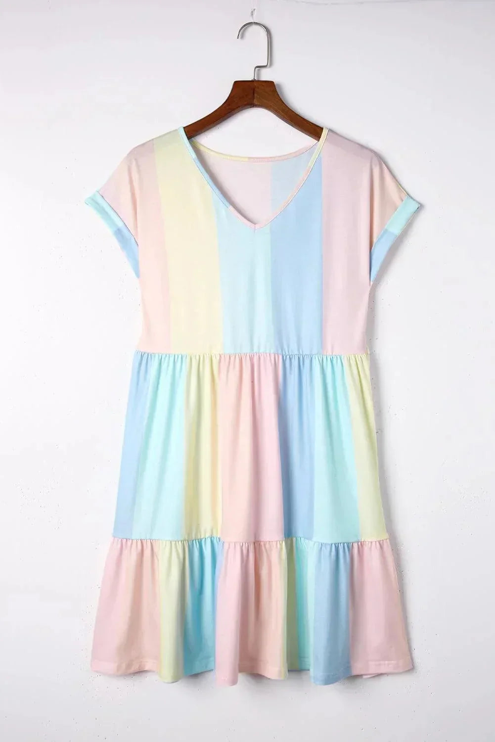 Pastel light - Women's pastel colorblock striped mini dress featuring a V-neckline, short rolled sleeves, and a gathered tiered hem.