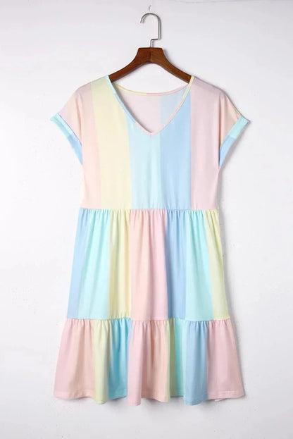 Pastel light - Women's pastel colorblock striped mini dress featuring a V-neckline, short rolled sleeves, and a gathered tiered hem.