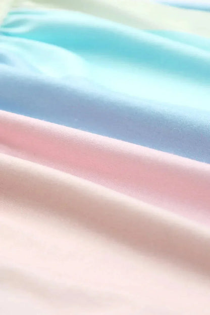 Pastel light - Women's pastel colorblock striped mini dress featuring a V-neckline, short rolled sleeves, and a gathered tiered hem.