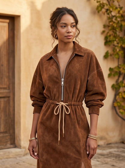 Suede Half Zip Midi Dress