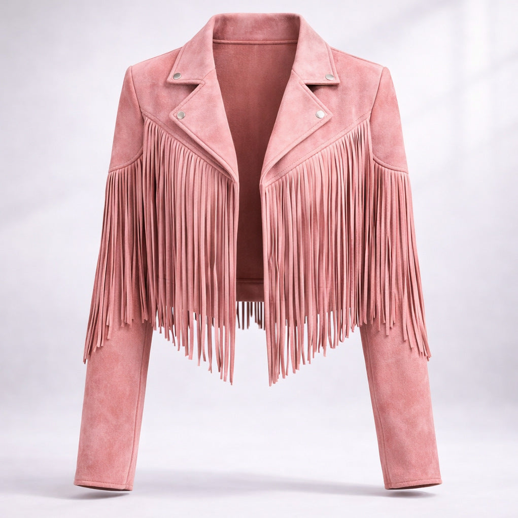 Suede Long Sleeve Fringe Jacket