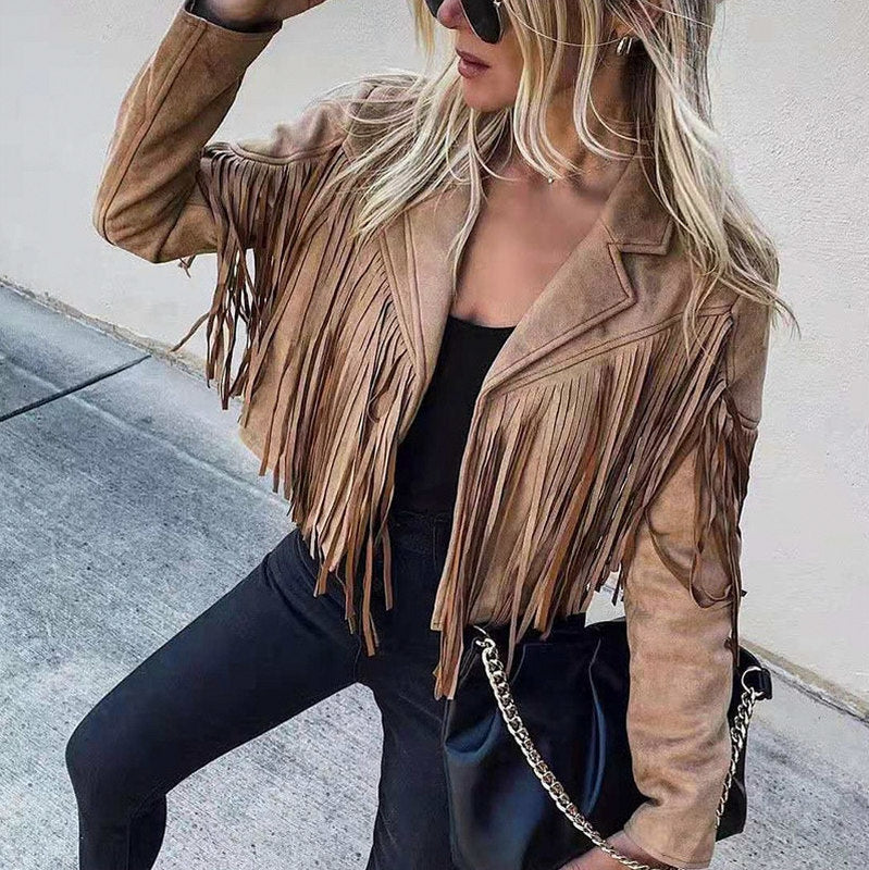 Suede Long Sleeve Fringe Jacket