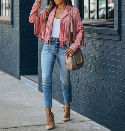 Suede Long Sleeve Fringe Jacket