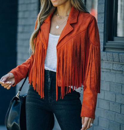 Suede Long Sleeve Fringe Jacket