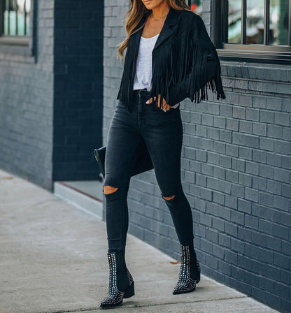 Suede Long Sleeve Fringe Jacket