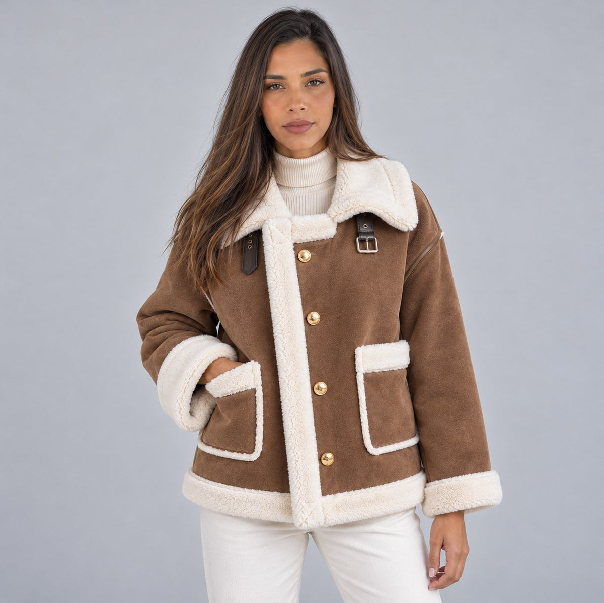 Suede Sherpa Trim Long Sleeve Jacket