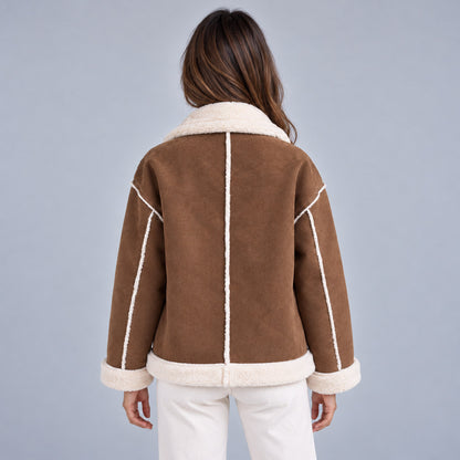Suede Sherpa Trim Long Sleeve Jacket