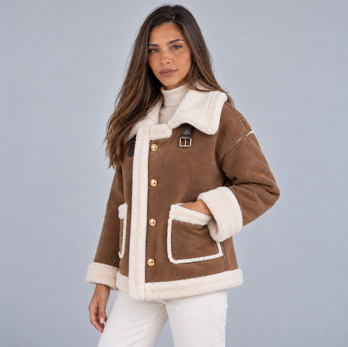 Suede Sherpa Trim Long Sleeve Jacket