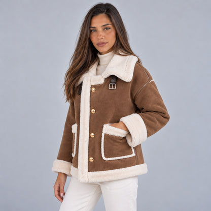 Suede Sherpa Trim Long Sleeve Jacket