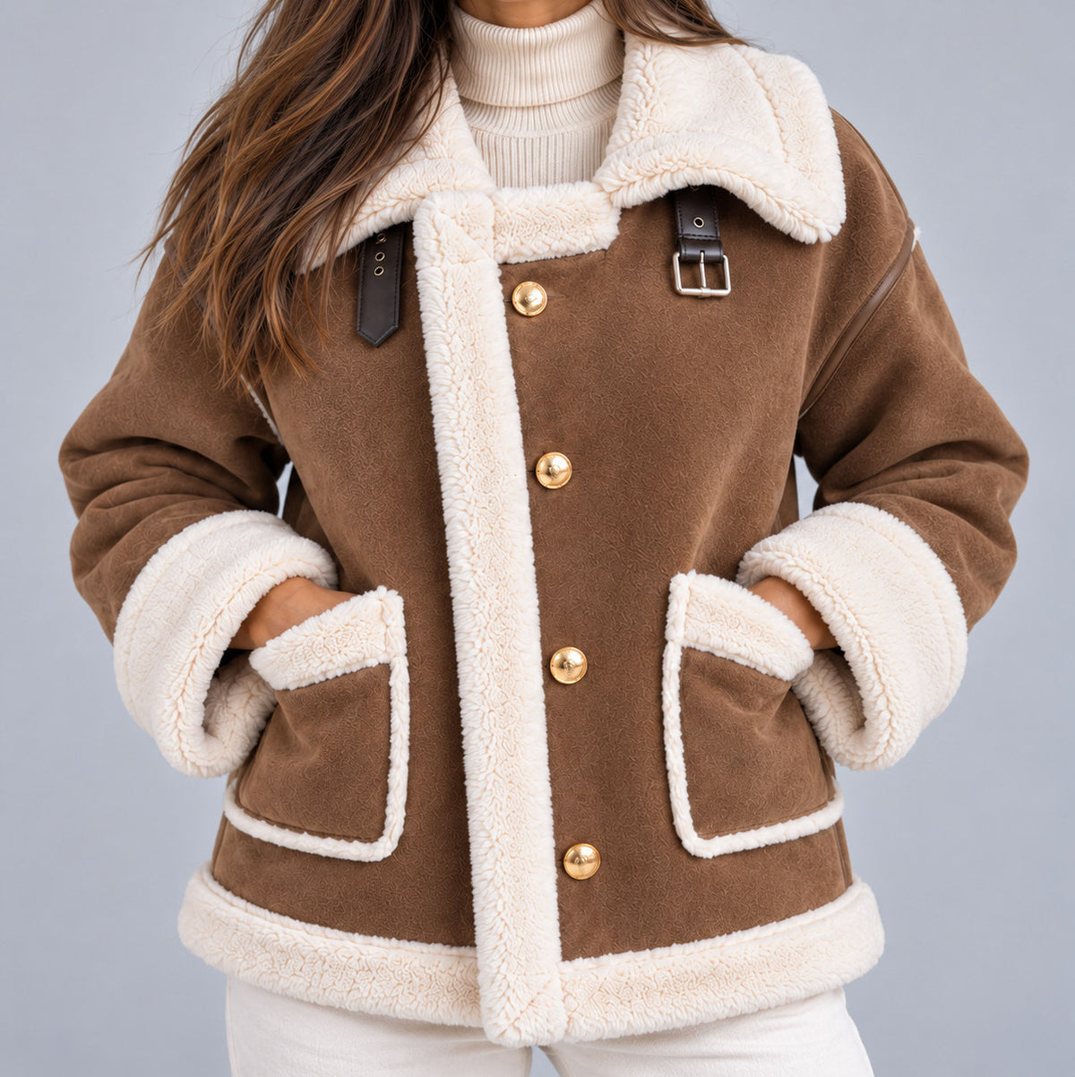 Suede Sherpa Trim Long Sleeve Jacket