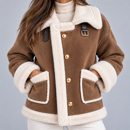 Suede Sherpa Trim Long Sleeve Jacket