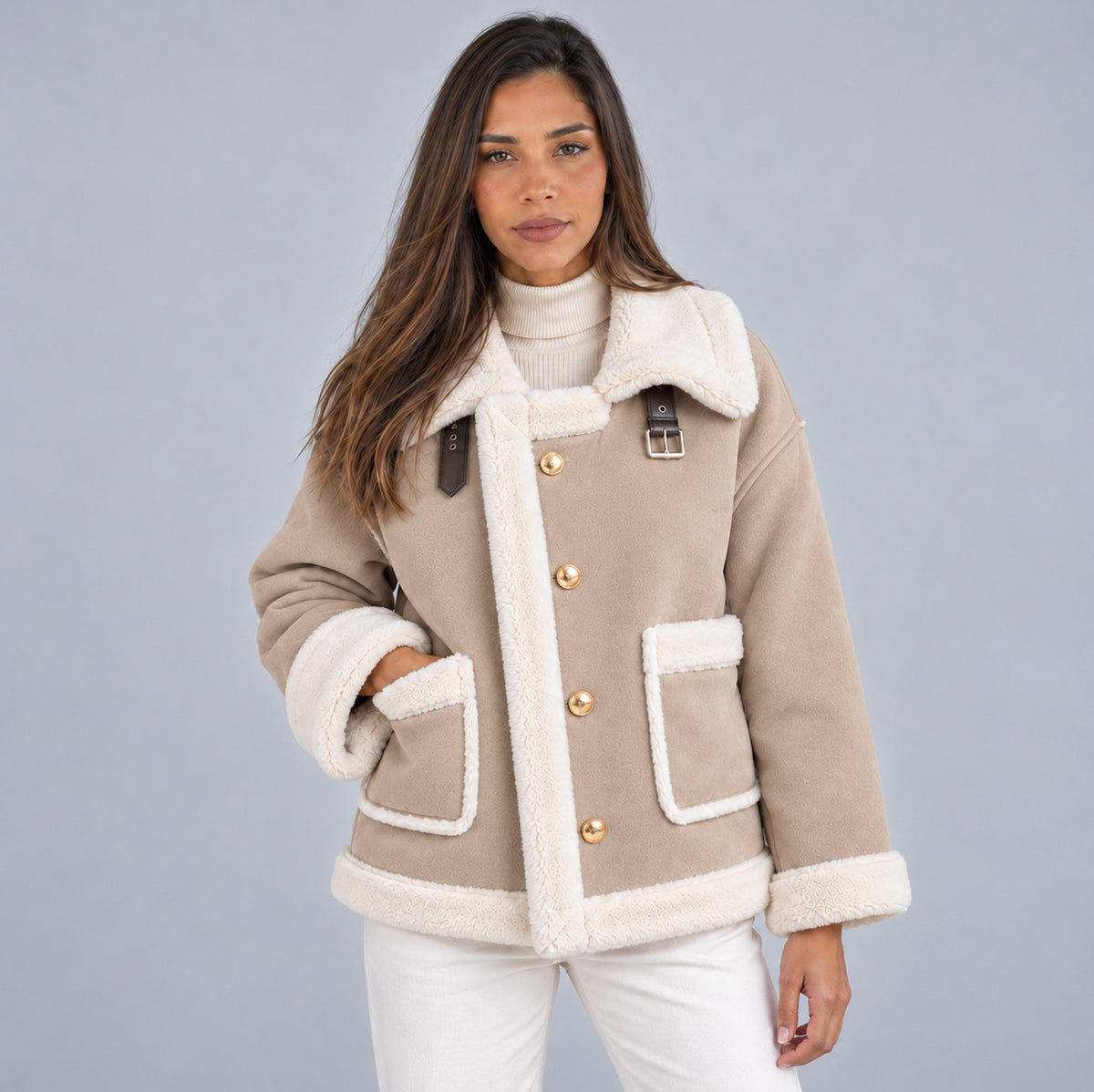 Suede Sherpa Trim Long Sleeve Jacket